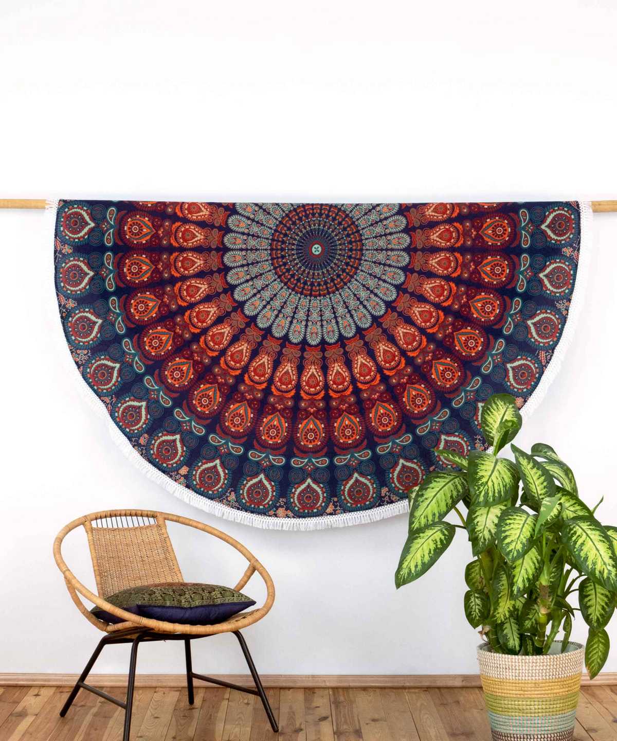 Rundes Mandala Tuch Pfauenfeder blau orange türkis - ca. 185 cm