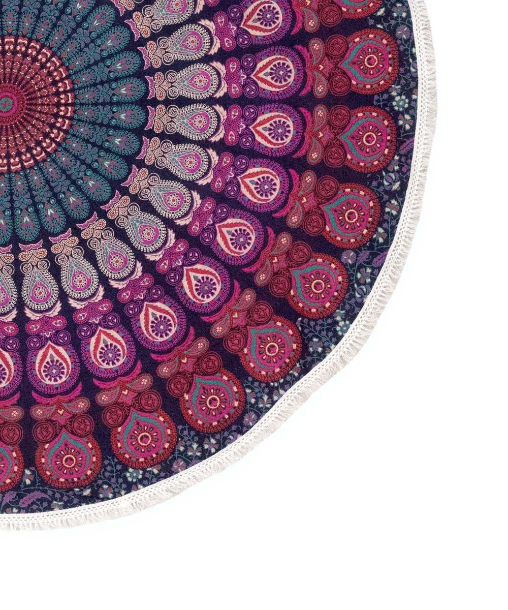 Rundes Mandala Tuch Pfauenfeder bordeaux rosa - ca. 185 cm