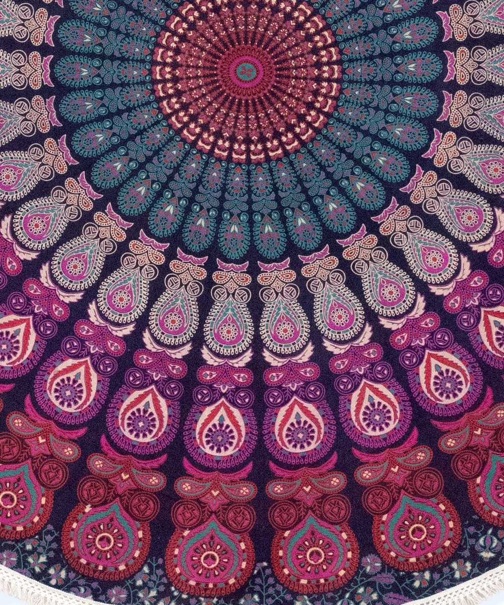 Rundes Mandala Tuch Pfauenfeder bordeaux rosa - ca. 185 cm