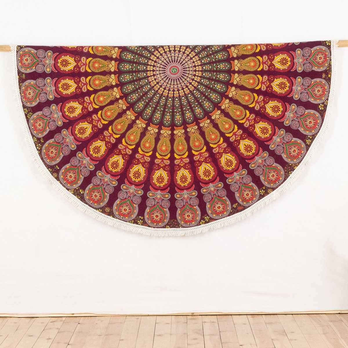 Rundes Mandala Tuch Pfauenfeder rot grün gelb - ca. 185 cm