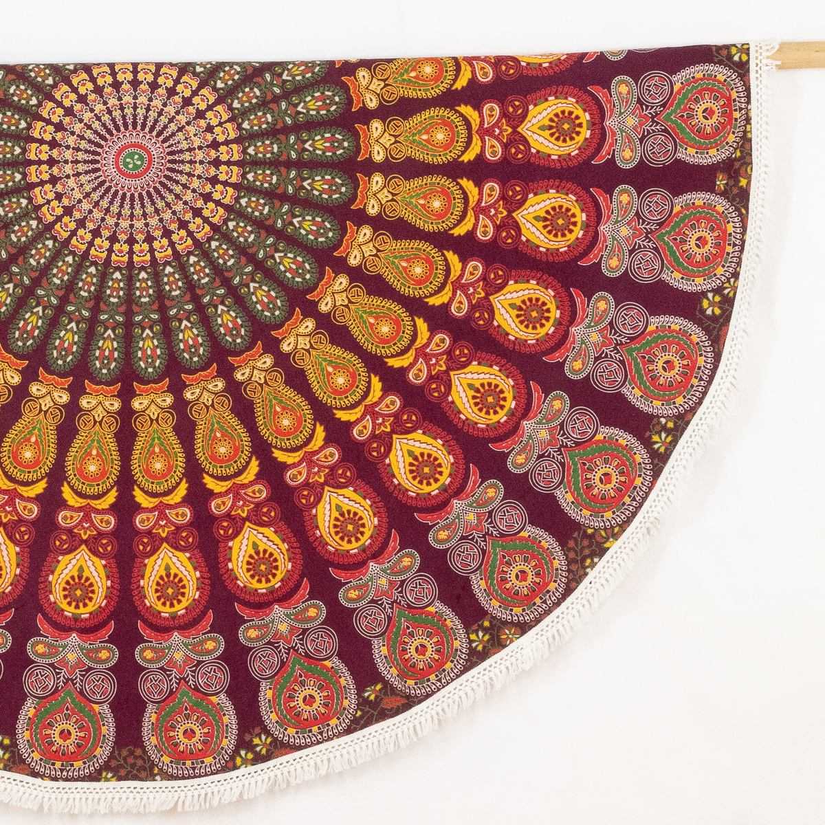 Rundes Mandala Tuch Pfauenfeder rot grün gelb - ca. 185 cm