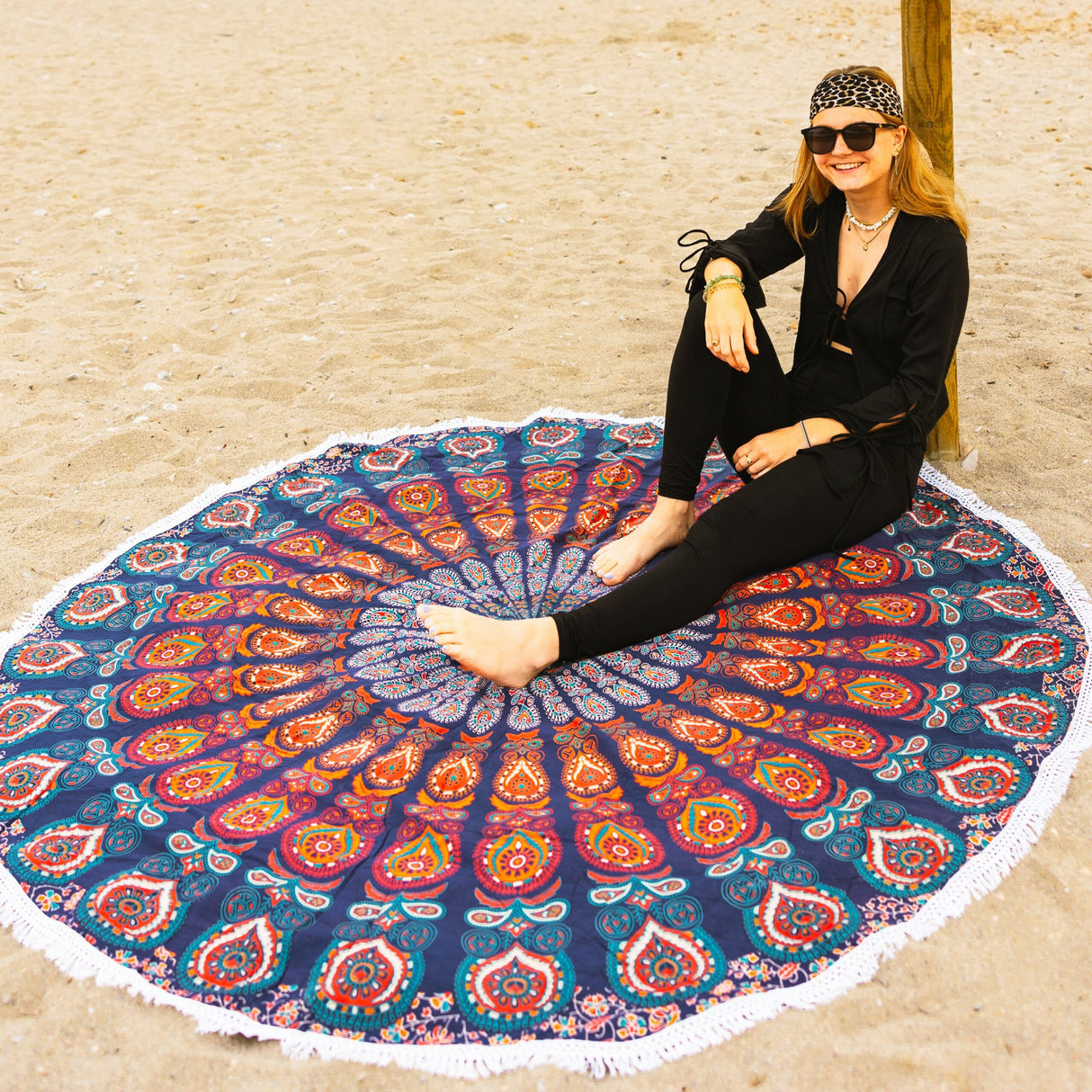 Rundes Strandtuch blau orange türkis 100% Baumwolle - Mandala Tuch XXL