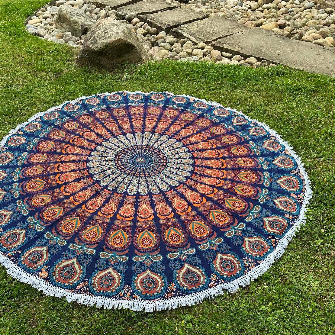 Rundes Strandtuch blau orange türkis 100% Baumwolle - Mandala Tuch XXL