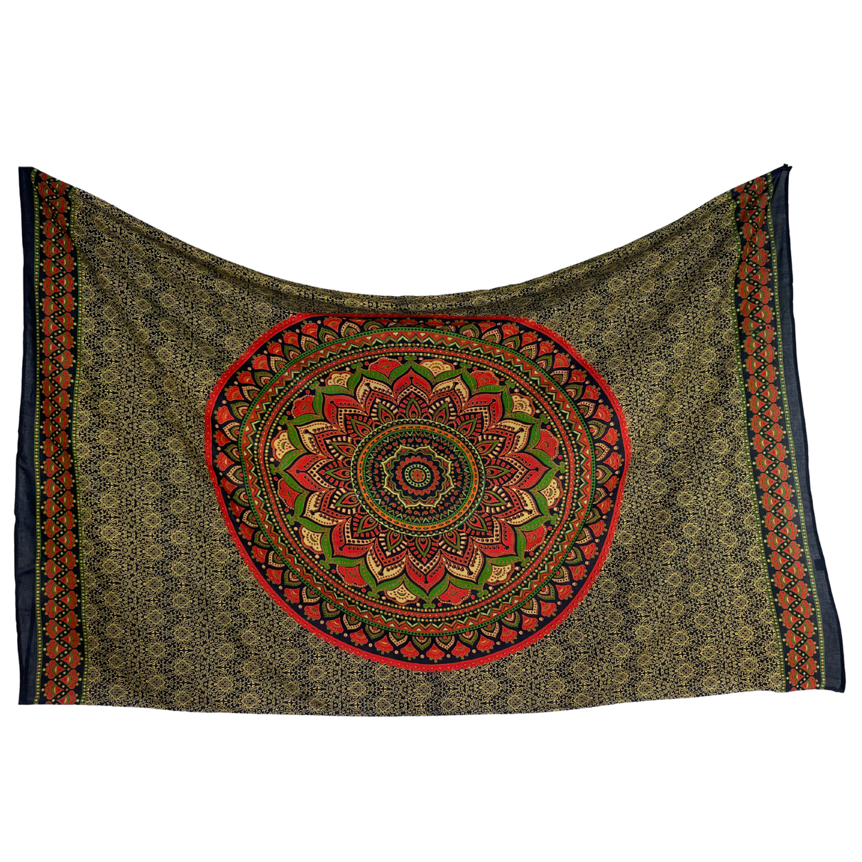 Sarong Ombre Mandala Grün Rot Orange – dünnes Strandtuch aus Viskose im Boho Stil