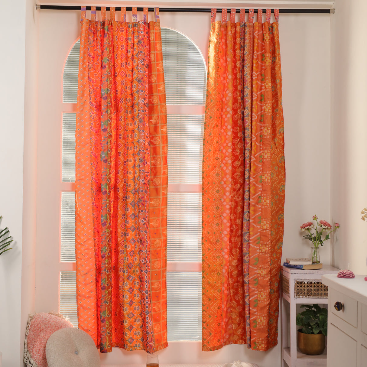 Sari Vorhang orange indische Patchwork Vorhänge aus recycelten Sarees