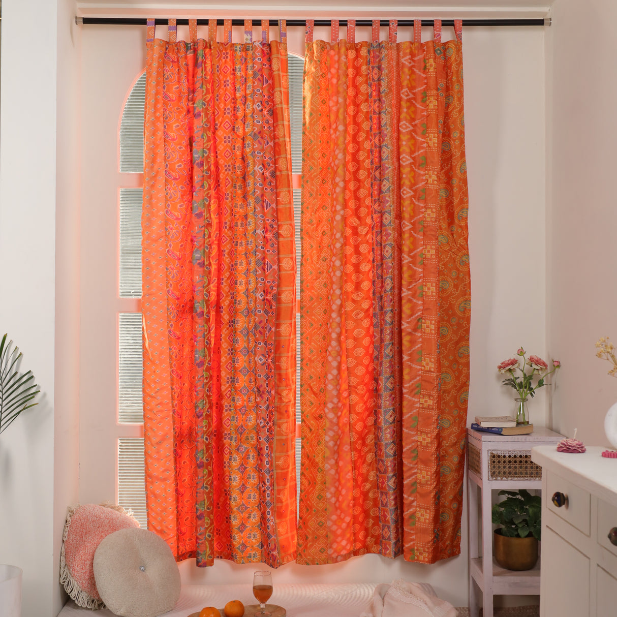 Sari Vorhang orange indische Patchwork Vorhänge aus recycelten Sarees