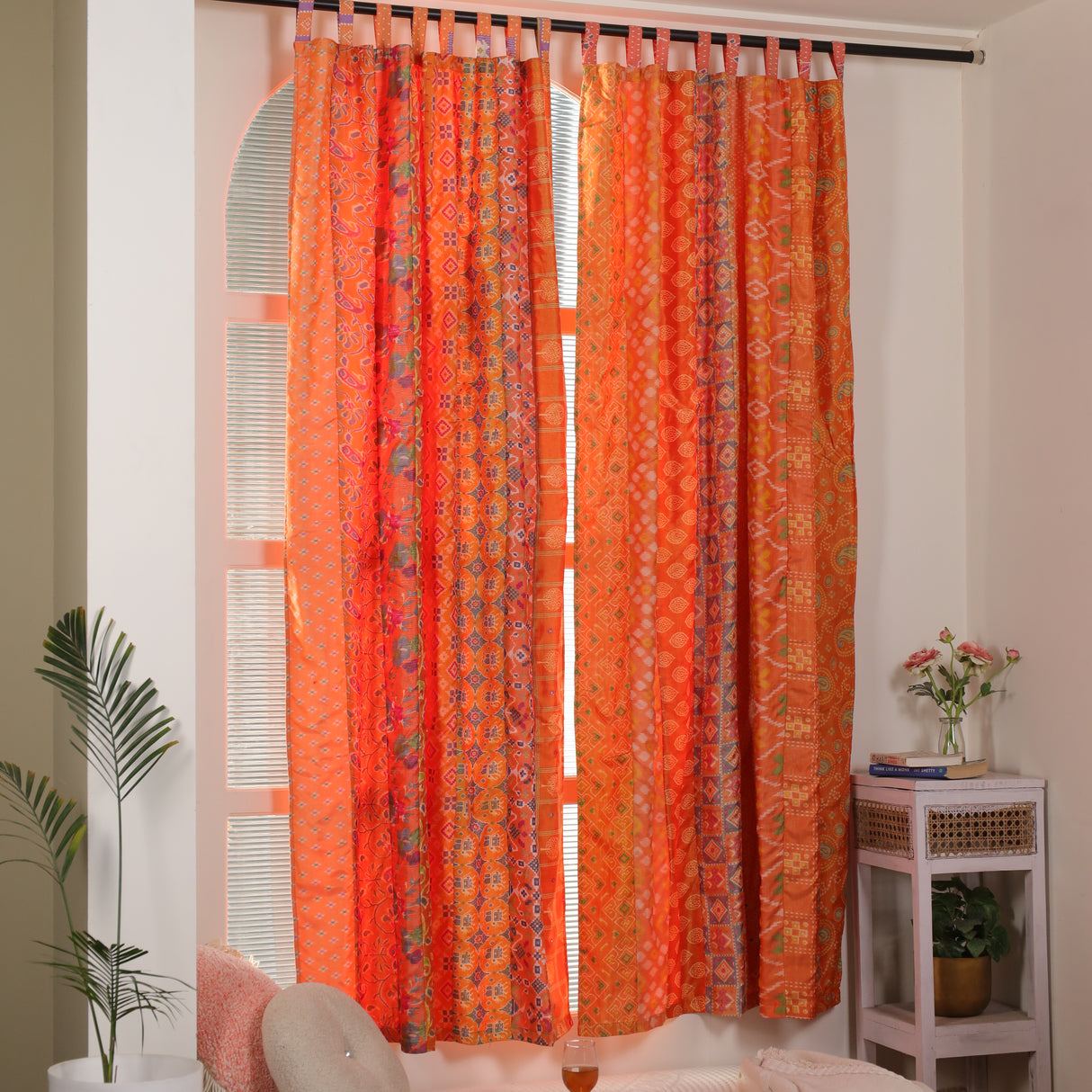 Sari Vorhang orange indische Patchwork Vorhänge aus recycelten Sarees