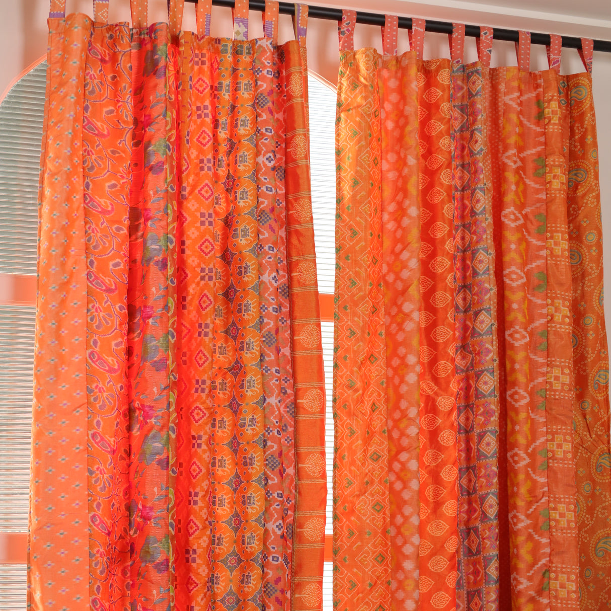 Sari Vorhang orange indische Patchwork Vorhänge aus recycelten Sarees