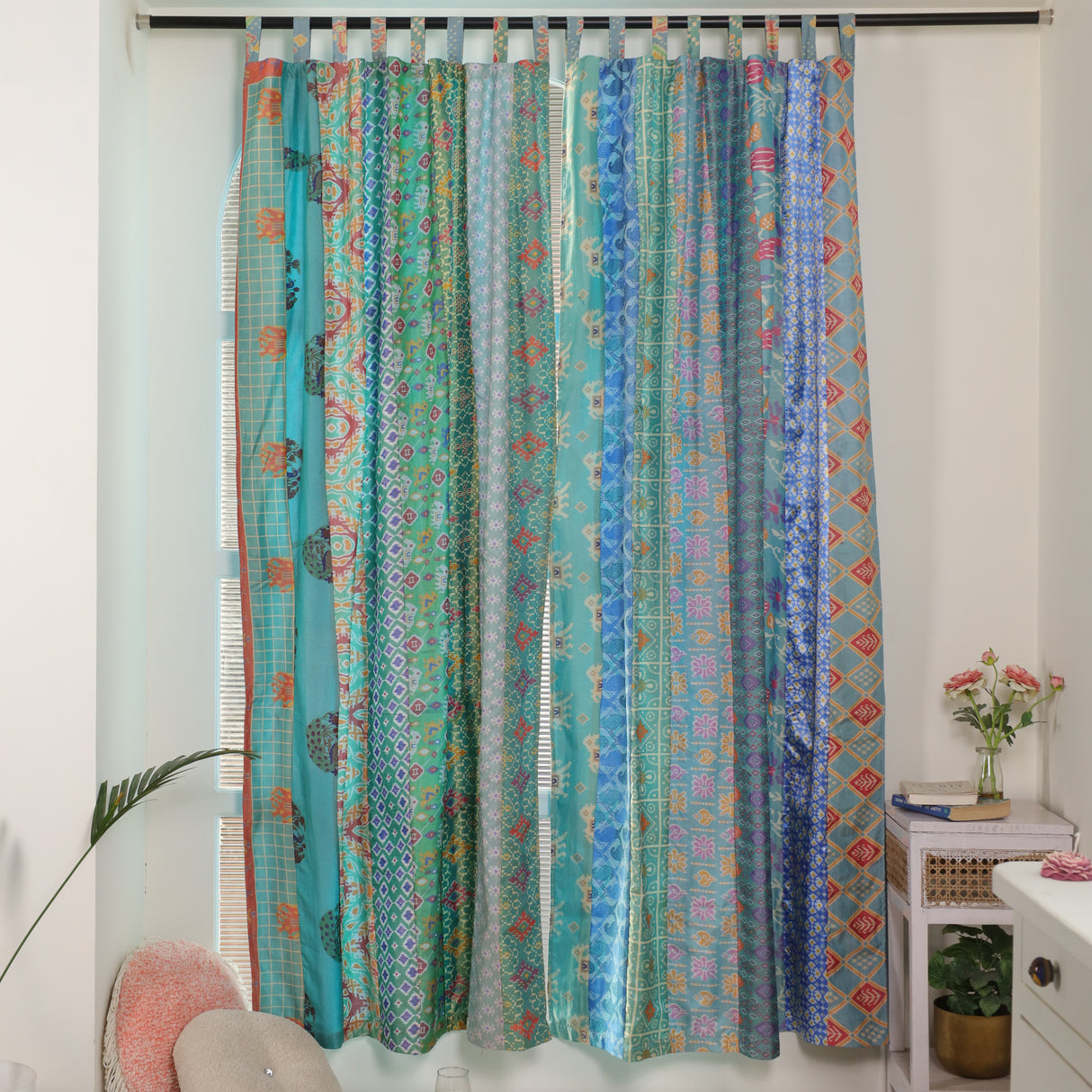 Sari Vorhang türkis indische Patchwork Vorhänge aus recycelten Sarees