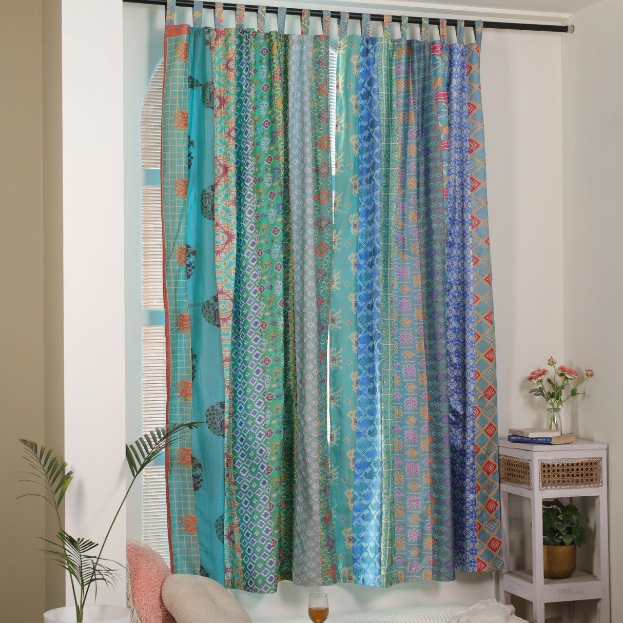 Sari Vorhang türkis indische Patchwork Vorhänge aus recycelten Sarees