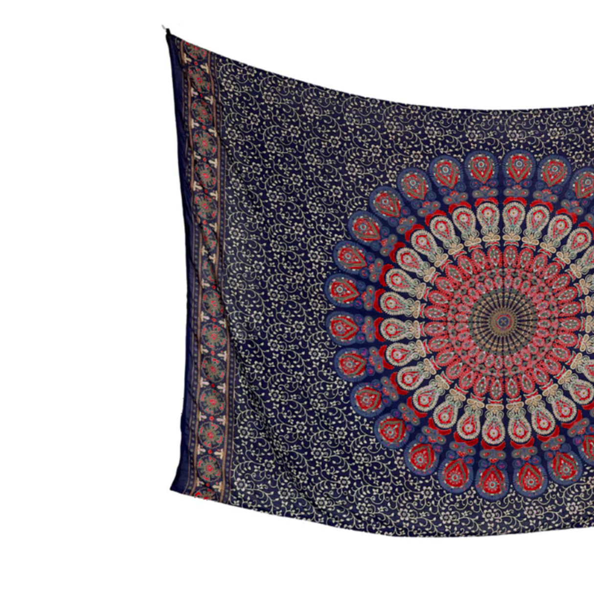 Sarong Pfauenfeder Mandala Blau Rot – leichtes Strandtuch im Boho Stil