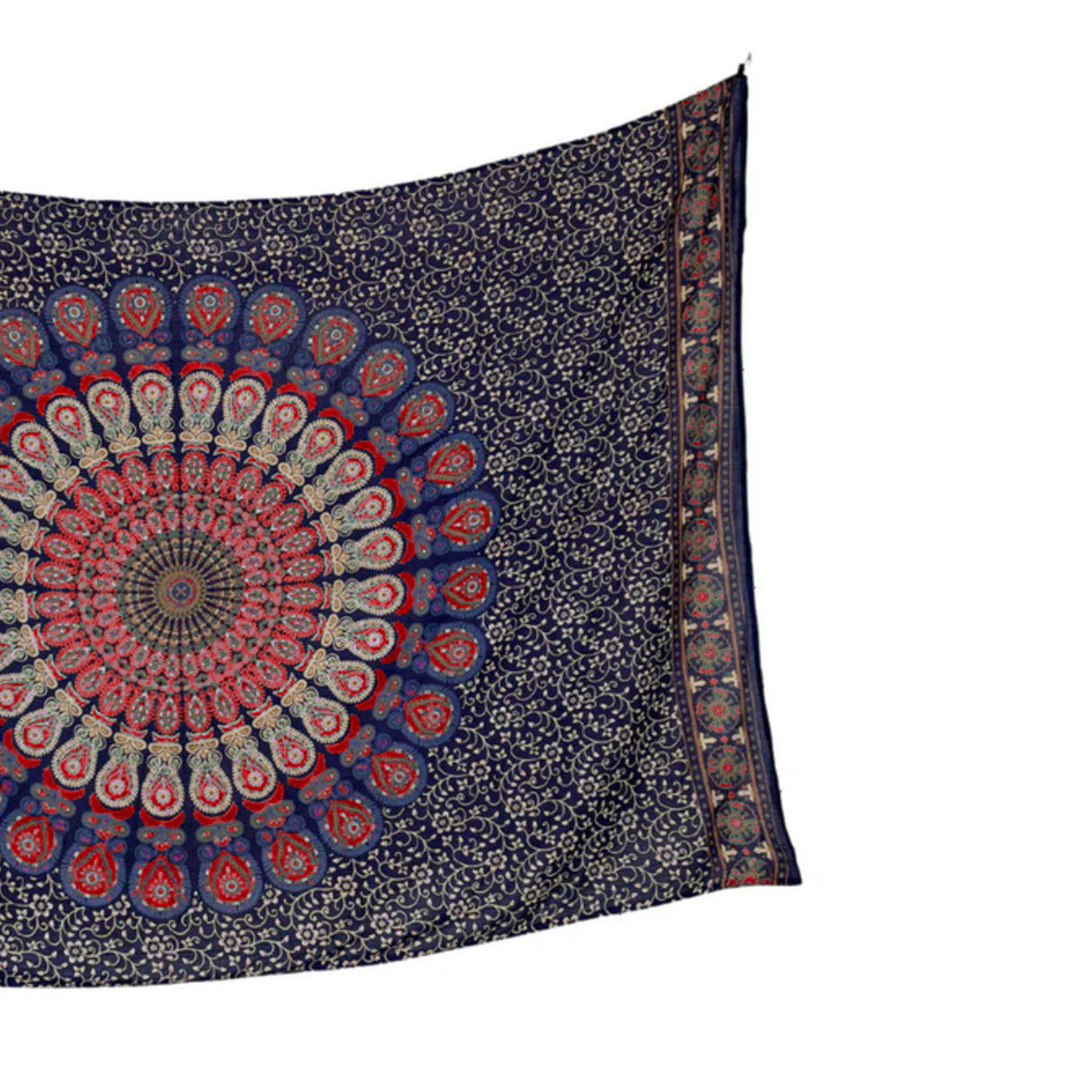Sarong Pfauenfeder Mandala Blau Rot – leichtes Strandtuch im Boho Stil