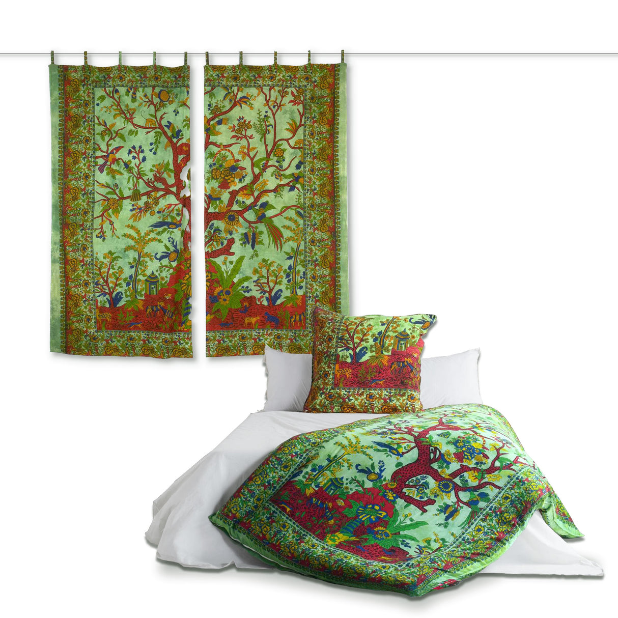 Produkt-Set Vorhang und Bettwäsche Lebensbaum grün
