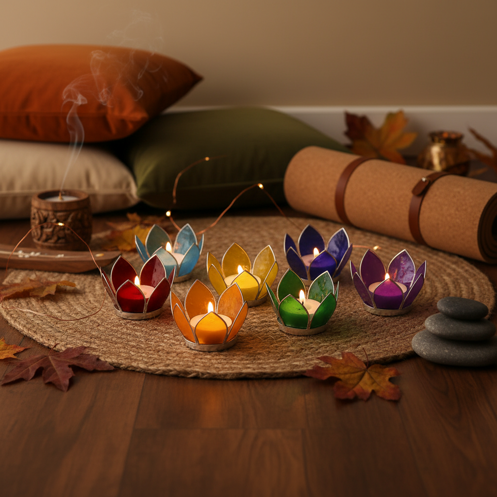 Geschenkset Teelichthalter 7 Chakren aus Naturglas - bunt mit Rahmen in silber