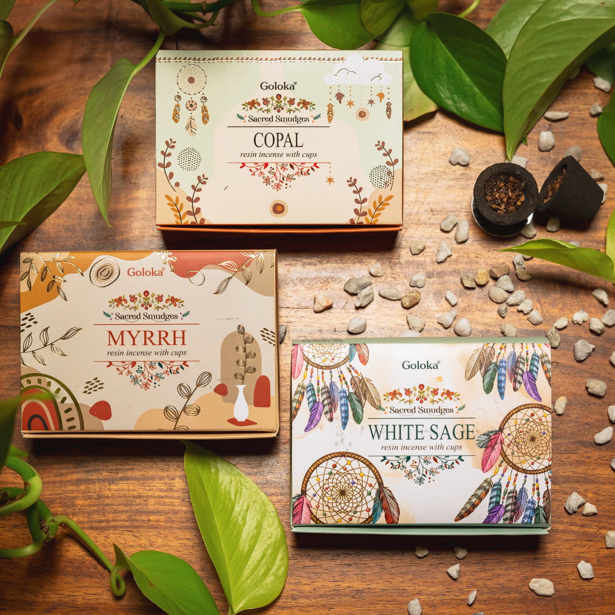 Smudge Cups Trio Frische Aromen Räucherset aus Myrrhe, Copal und weissem Salbei Smuge Cups von Goloka