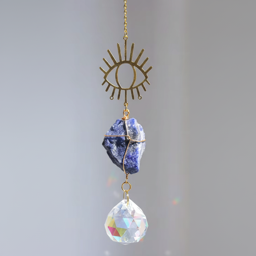 Sonnenfänger Rohstein Lapislazuli mit Metall Auge Anhänger und Kristall Tropfen, energetische Boho Fensterdeko für Wohnräume