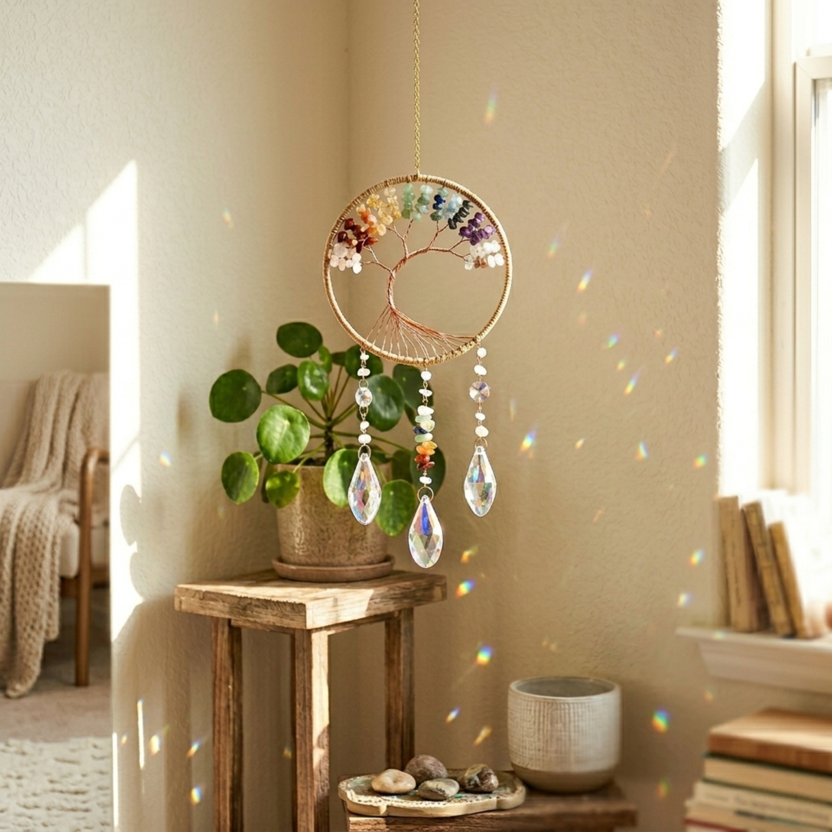 Sonnenfänger Lebensbaum mit Chakra Steinen: Regenbogenlicht und Harmonie für dein Zuhause