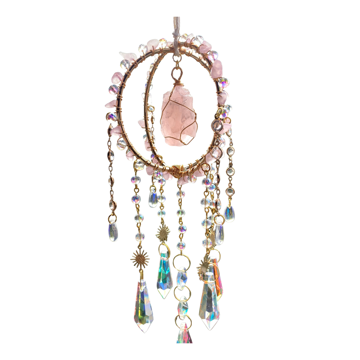 Sonnenfänger mit Rosenquarz im Traumfänger Stil 40 cm freigestellt