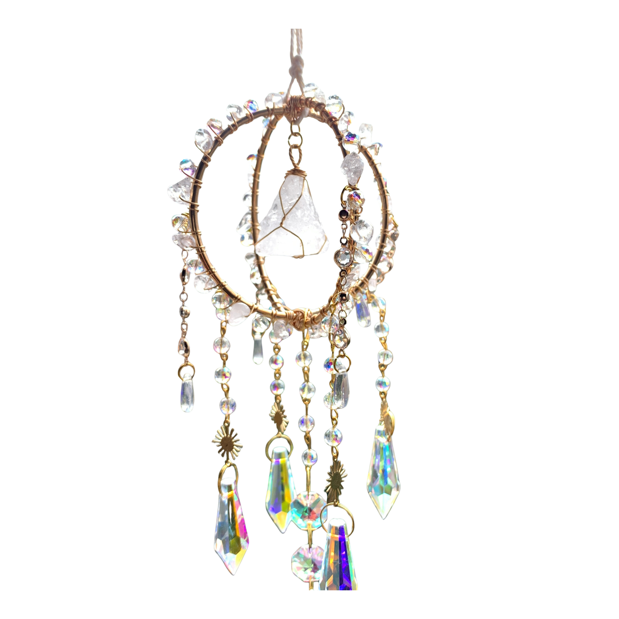 Sonnenfänger mit klarem Quarz im Traumfänger Stil 40 cm freigestellt