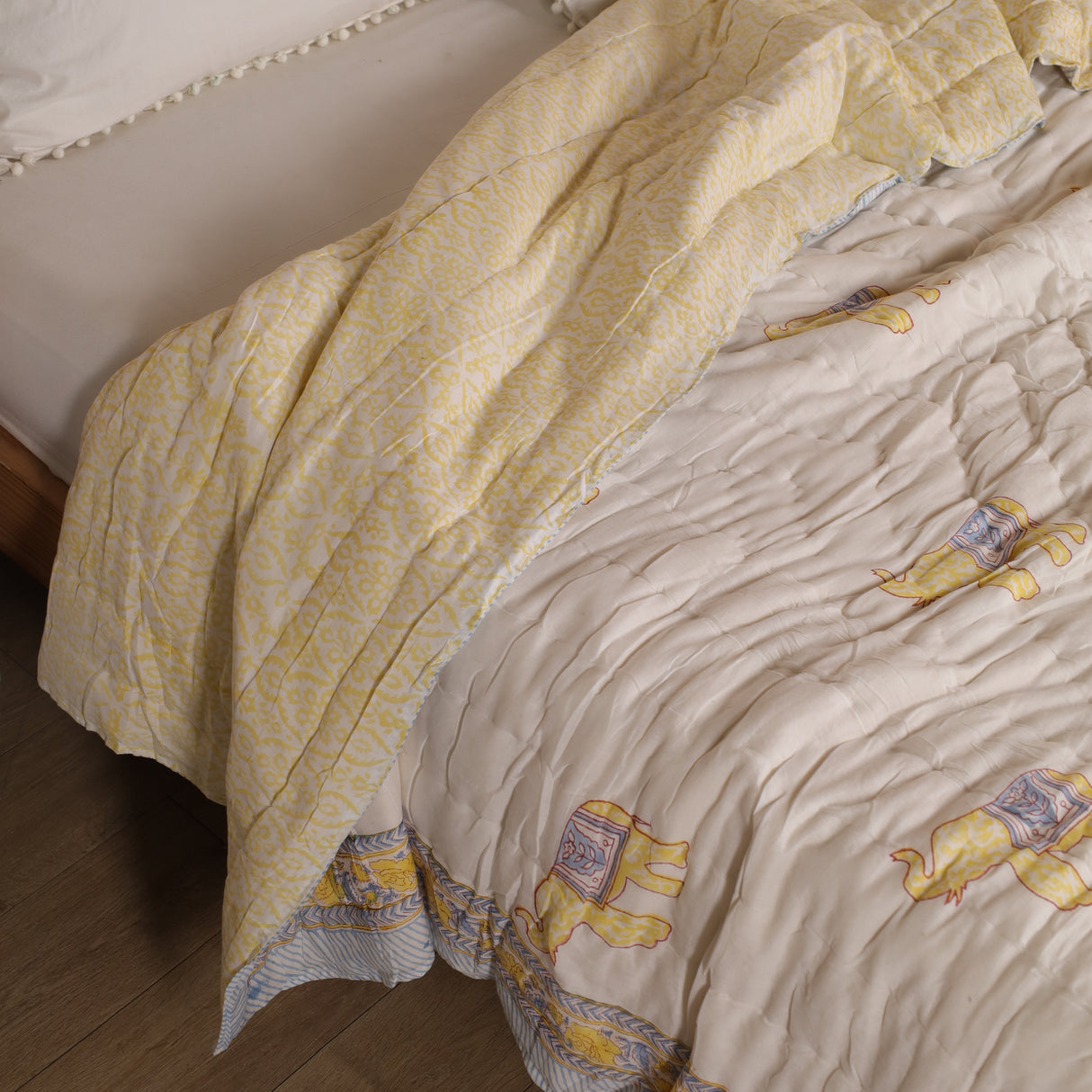 Steppdecke Blockdruck Elefant Weiß Gelb 270 x 240 cm