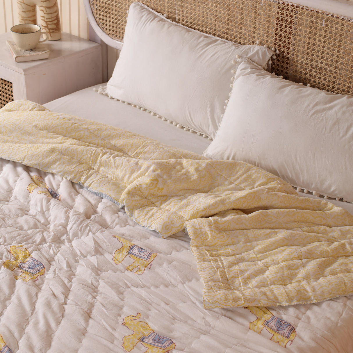 Steppdecke Blockdruck Elefant Weiß Gelb 270 x 240 cm