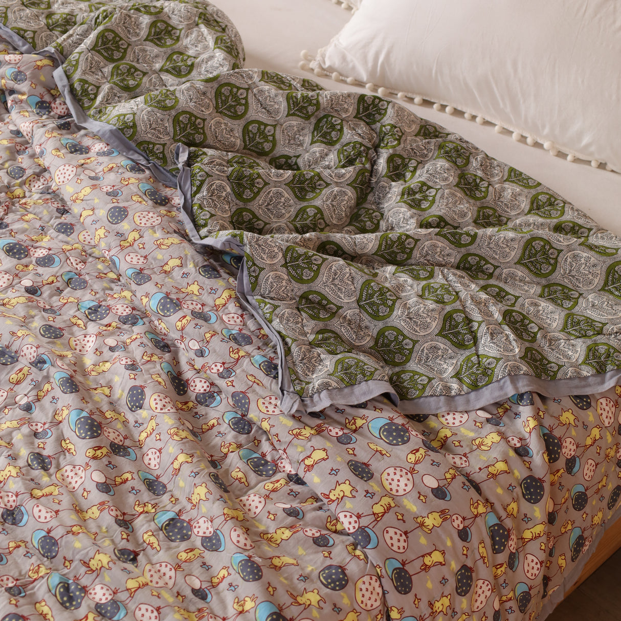 Steppdecke Blockdruck Luftballon Grau 270 x 240 cm