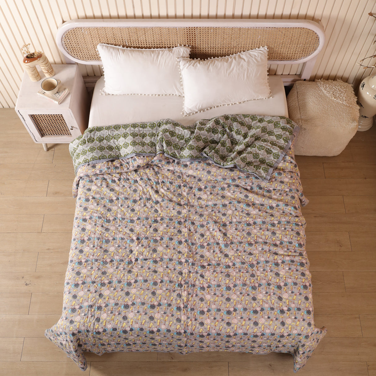 Steppdecke Blockdruck Luftballon Grau 270 x 240 cm