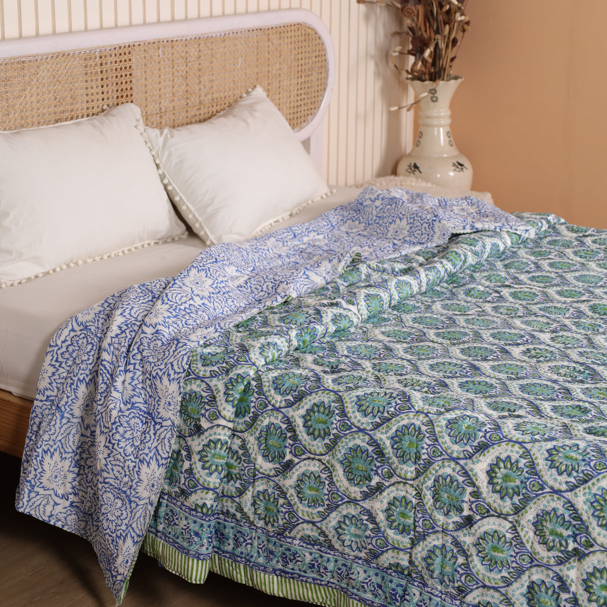 Steppdecke Blockdruck Mosaik Blau Grün 270 x 240 cm