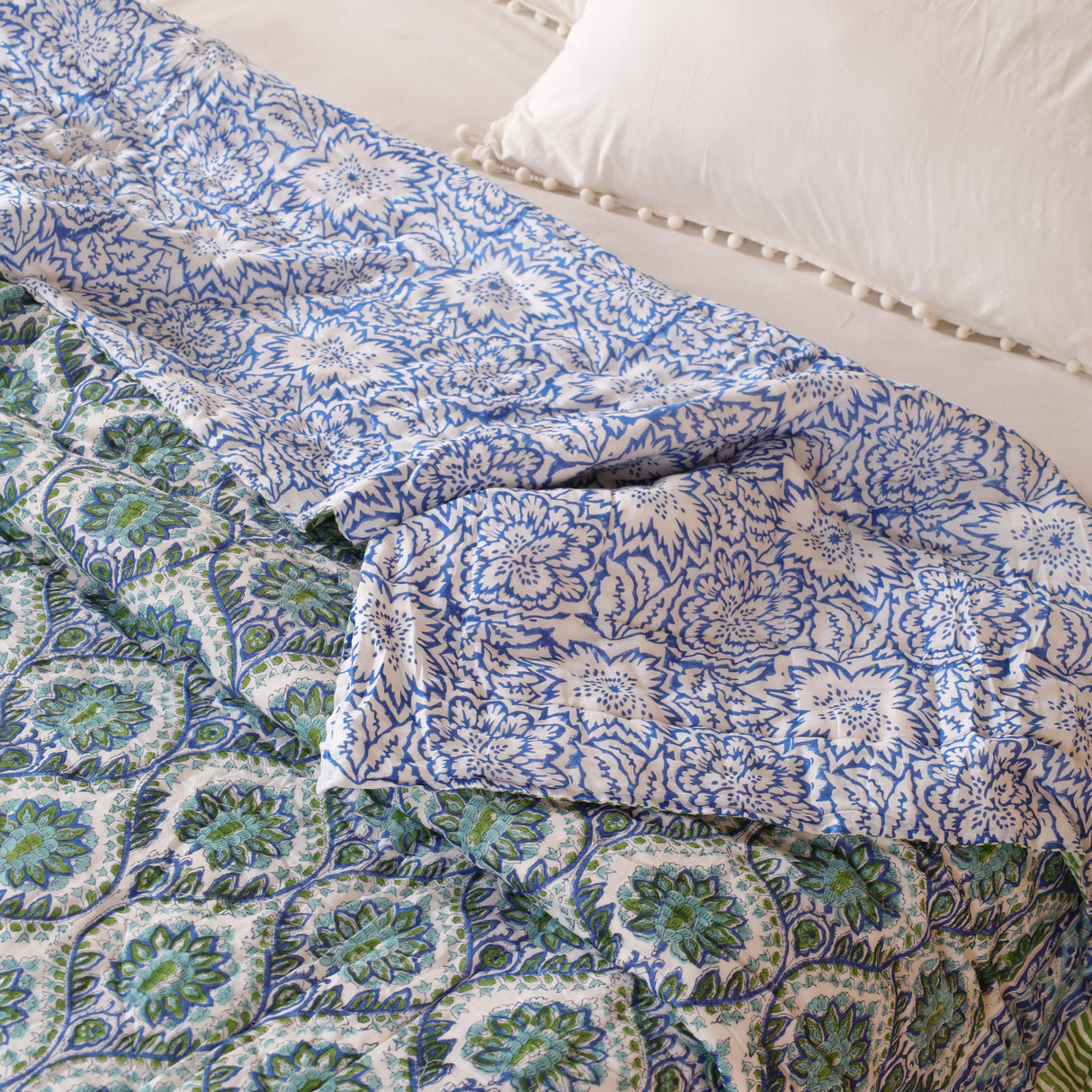 Steppdecke Blockdruck Mosaik Blau Grün 270 x 240 cm