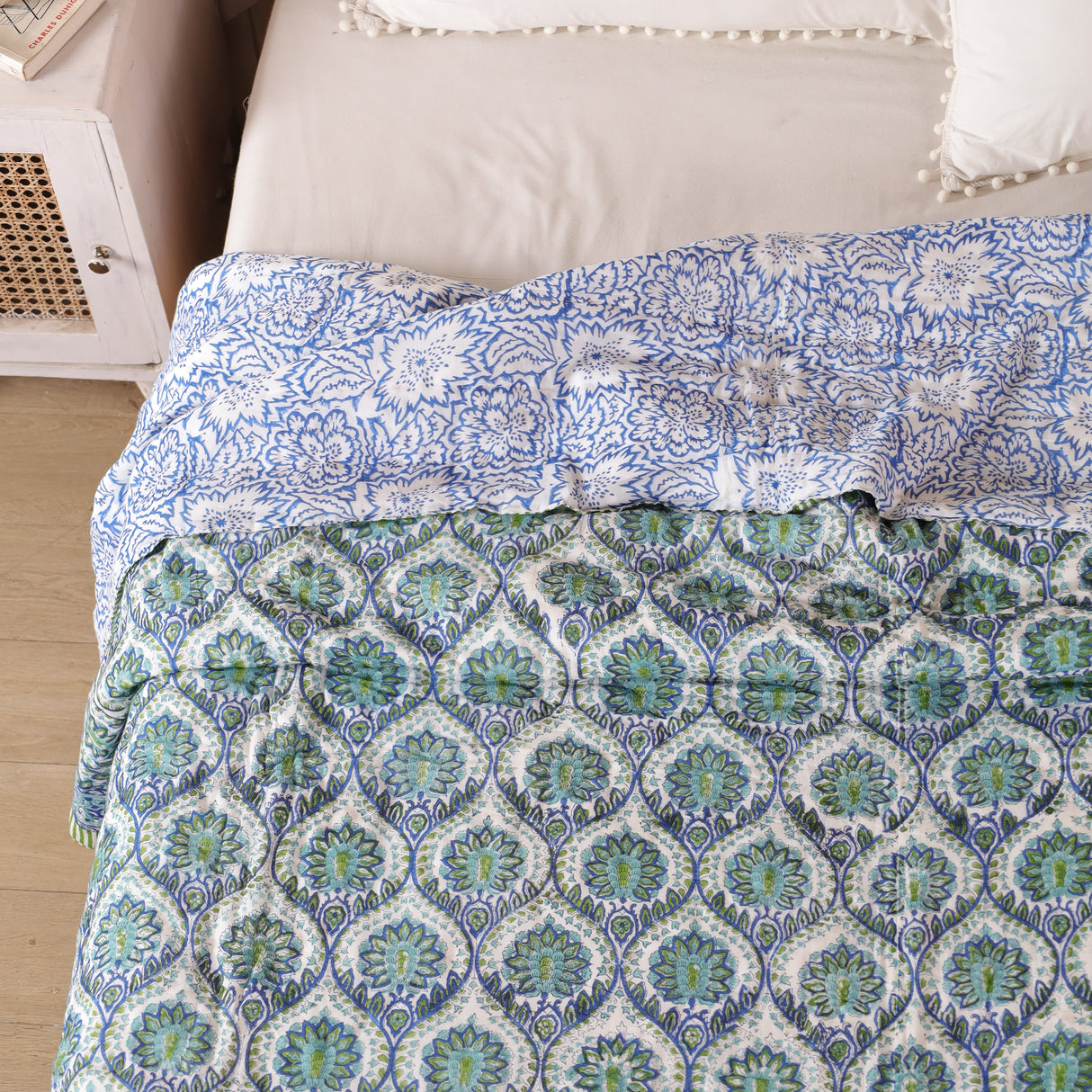 Steppdecke Blockdruck Mosaik Blau Grün 270 x 240 cm
