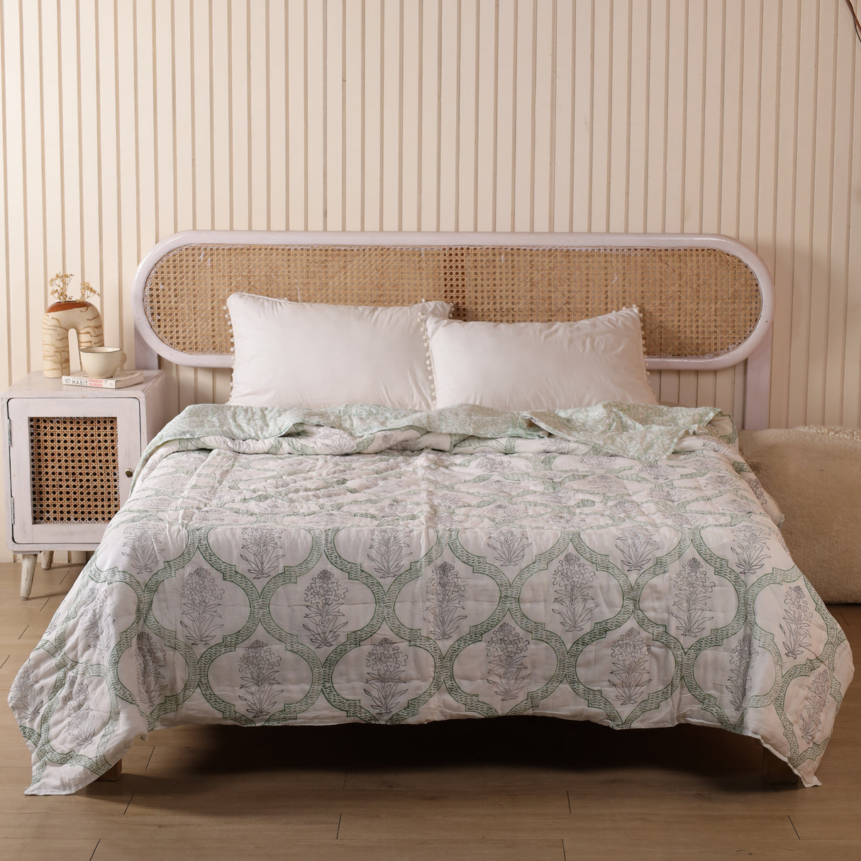 Steppdecke Blockdruck Mosaik Grün Schwarz 270 x 240 cm