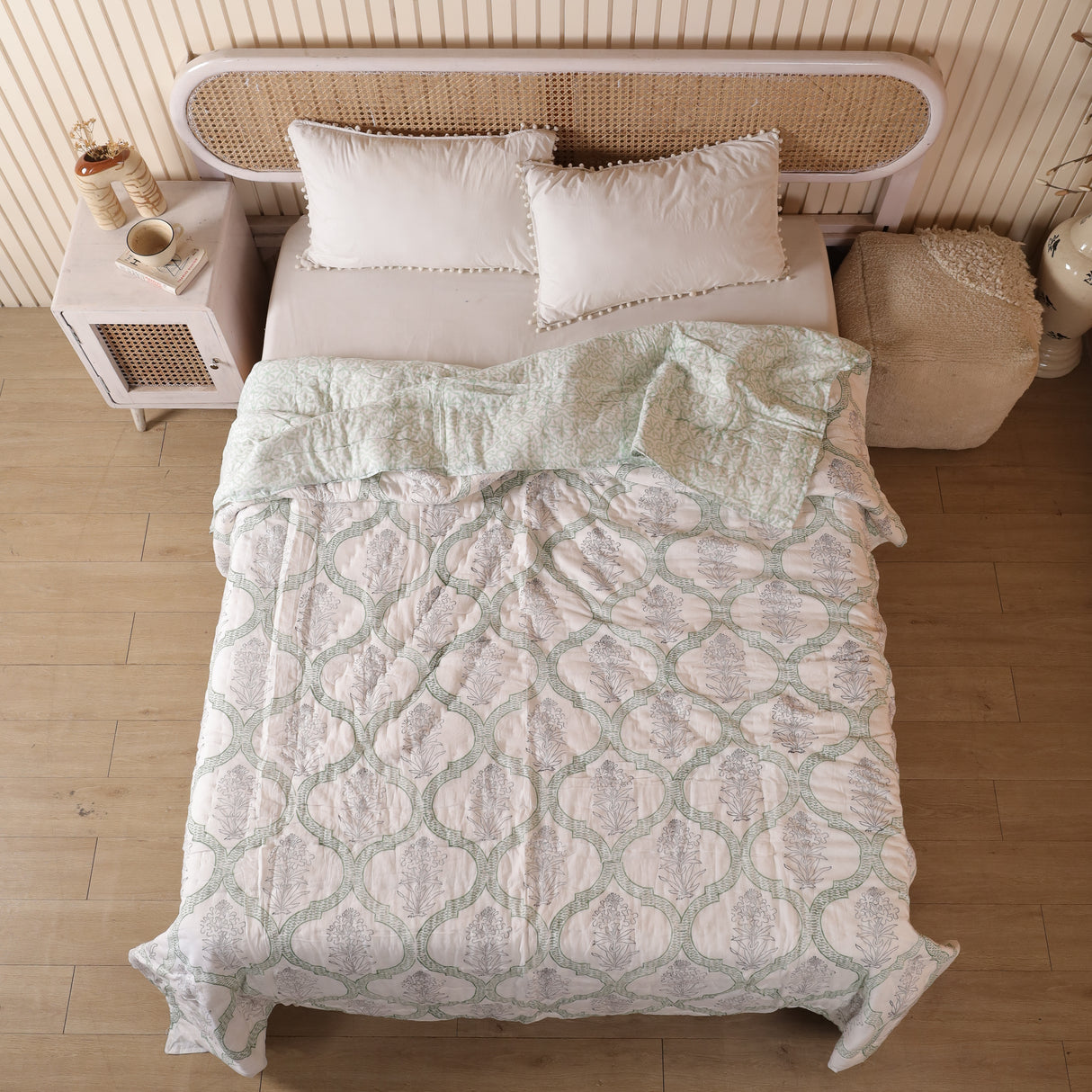 Steppdecke Blockdruck Mosaik Grün Schwarz 270 x 240 cm