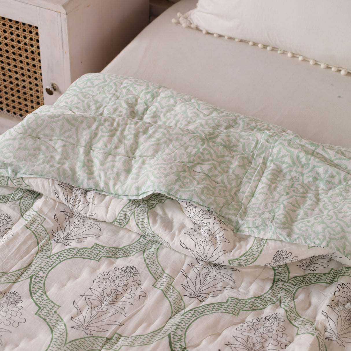 Steppdecke Blockdruck Mosaik Grün Schwarz 270 x 240 cm