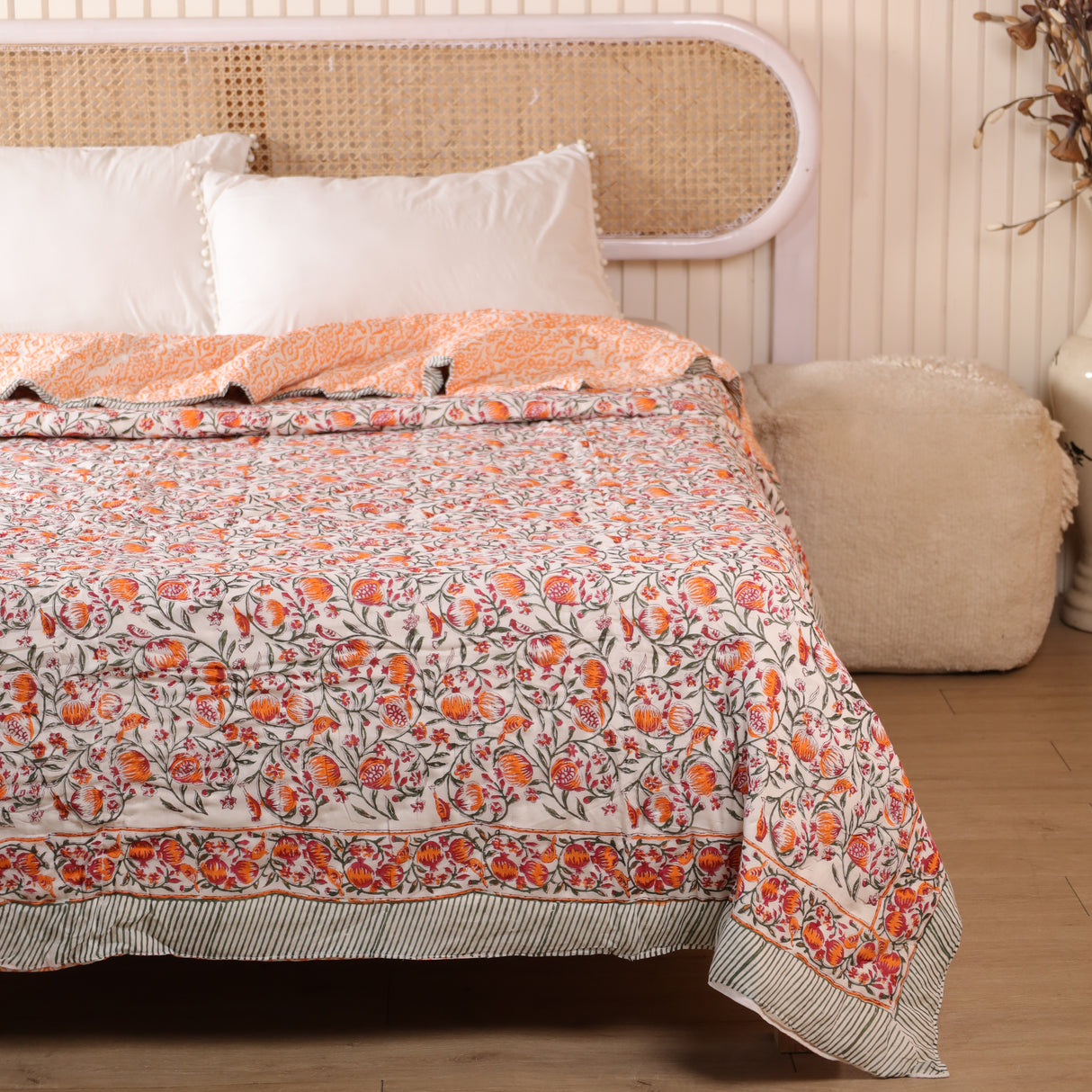 Steppdecke Blockdruck Ranke Grün Orange 270 x 240 cm