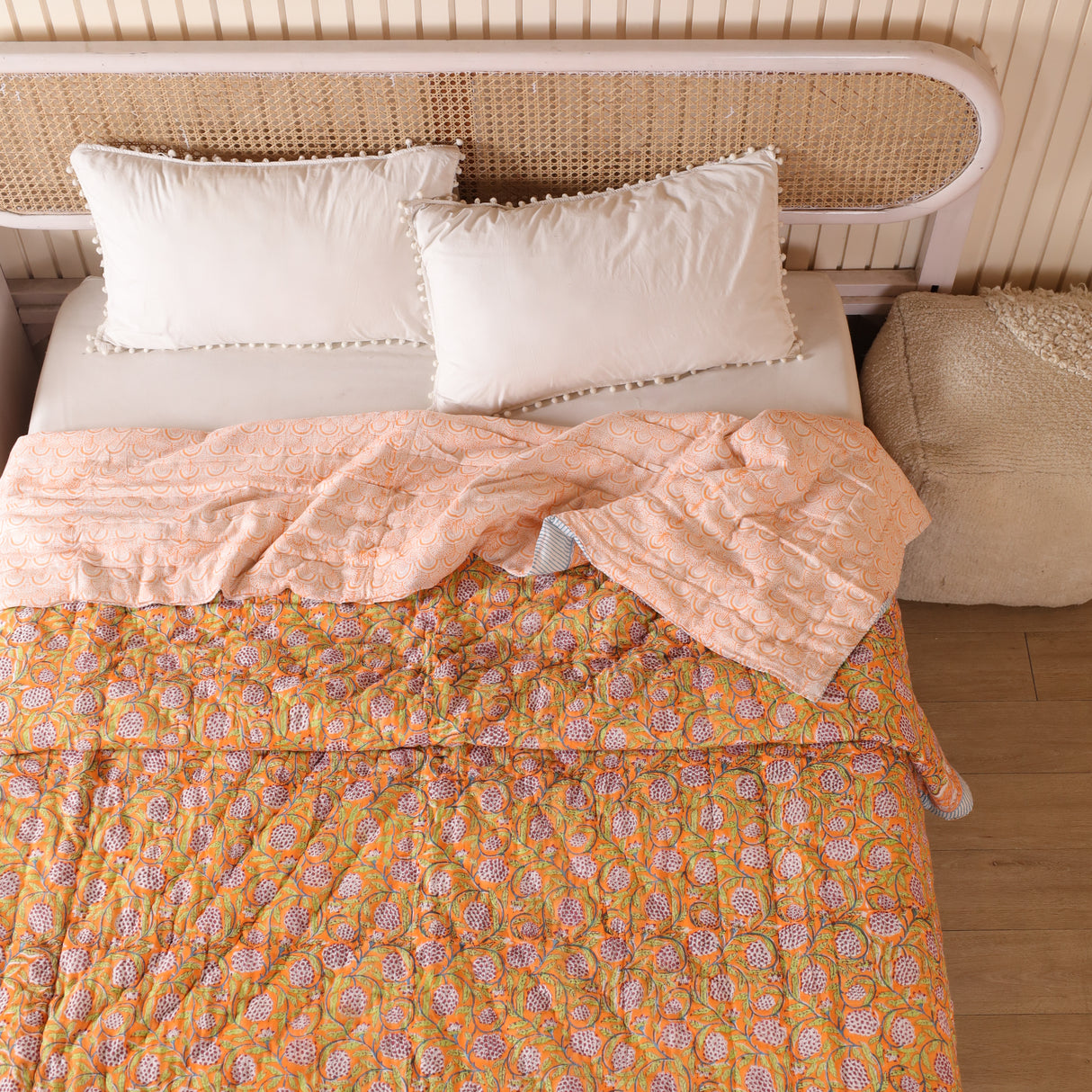 Steppdecke Blockdruck Ranke Orange 270 x 240 cm