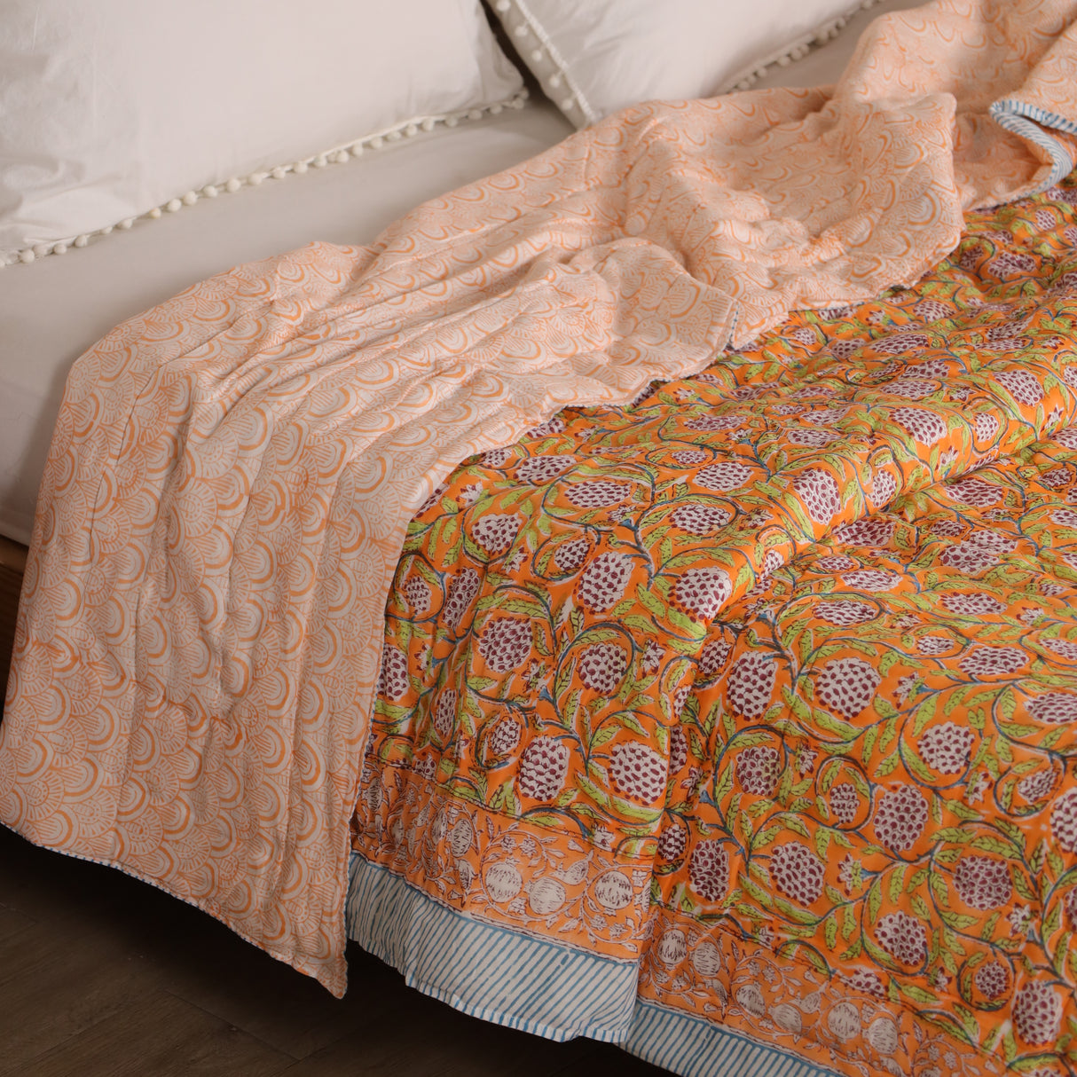 Steppdecke Blockdruck Ranke Orange 270 x 240 cm