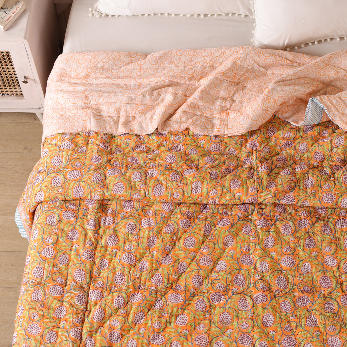 Steppdecke Blockdruck Ranke Orange 270 x 240 cm