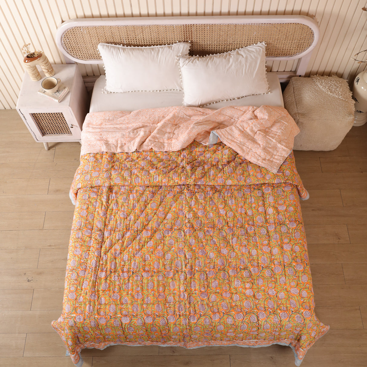 Steppdecke Blockdruck Ranke Orange 270 x 240 cm