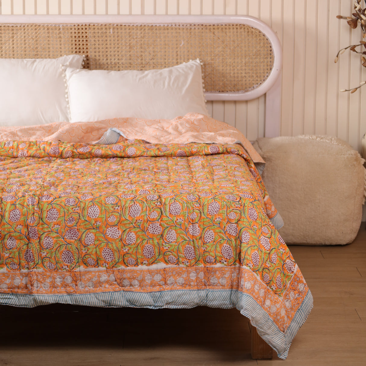 Steppdecke Blockdruck Ranke Orange 270 x 240 cm