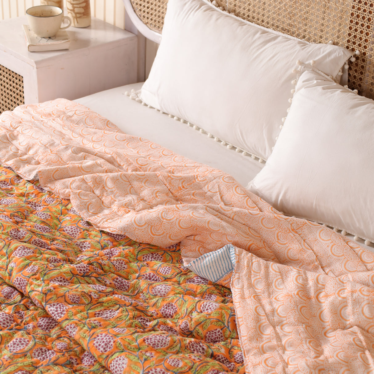 Steppdecke Blockdruck Ranke Orange 270 x 240 cm