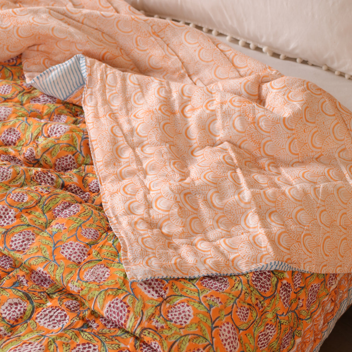 Steppdecke Blockdruck Ranke Orange 270 x 240 cm