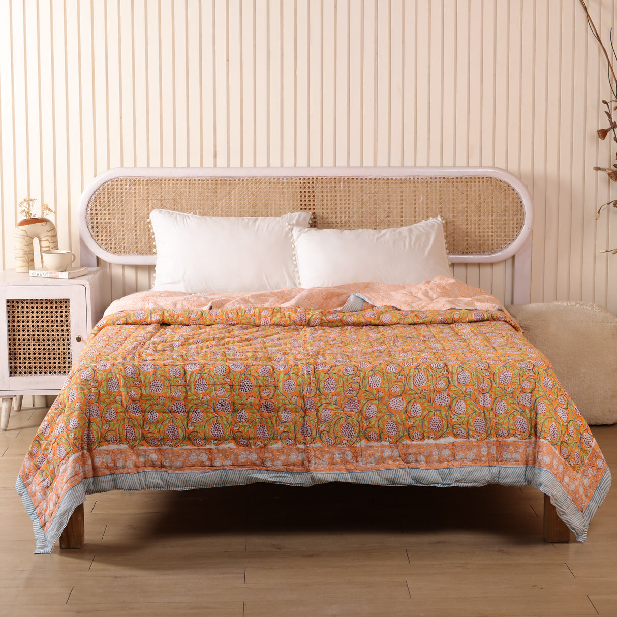 Steppdecke Blockdruck Ranke Orange 270 x 240 cm