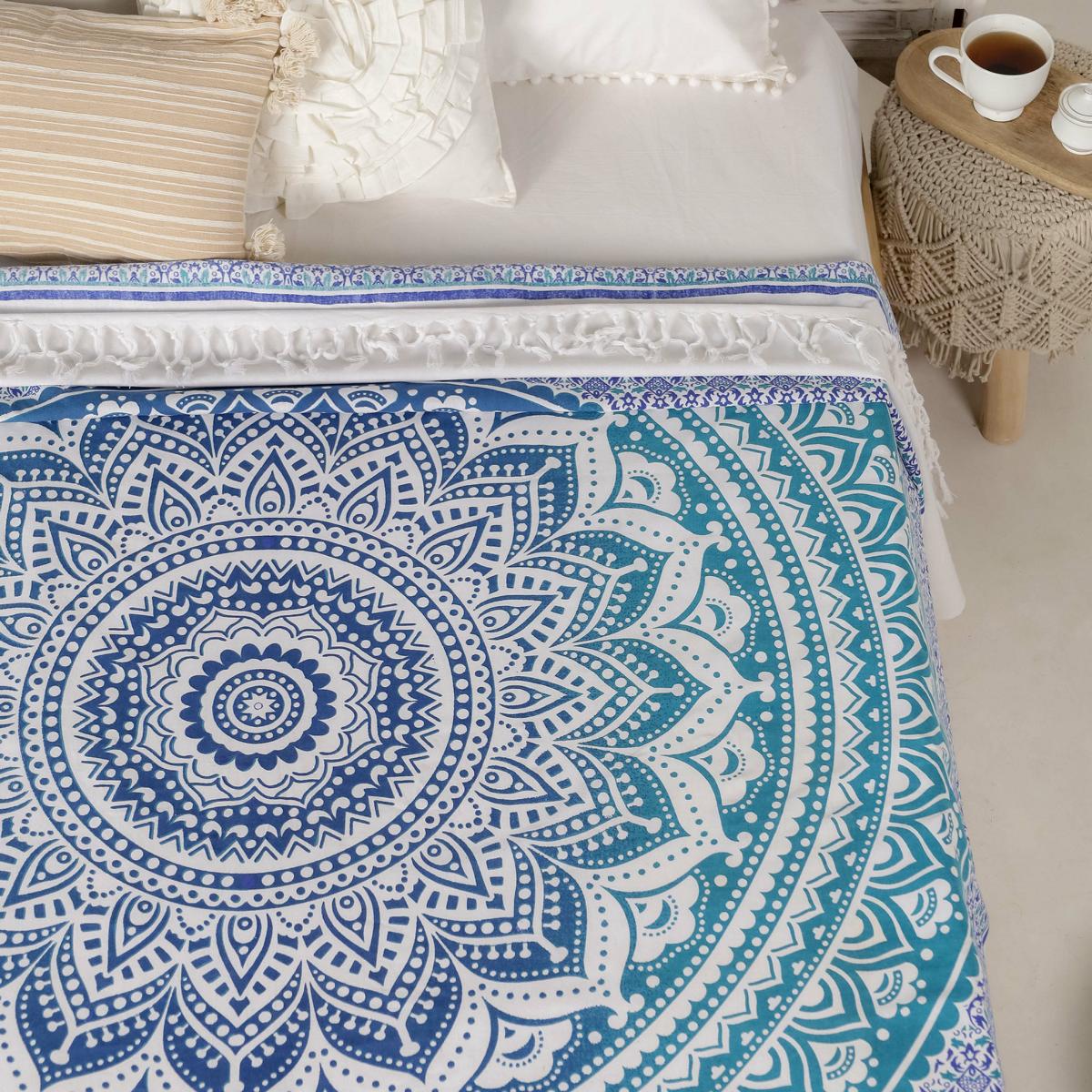 Tagesdecke Bettüberwurf 2x2m Mandala blau weiß 100% Baumwolle, indisches Muster orient Design