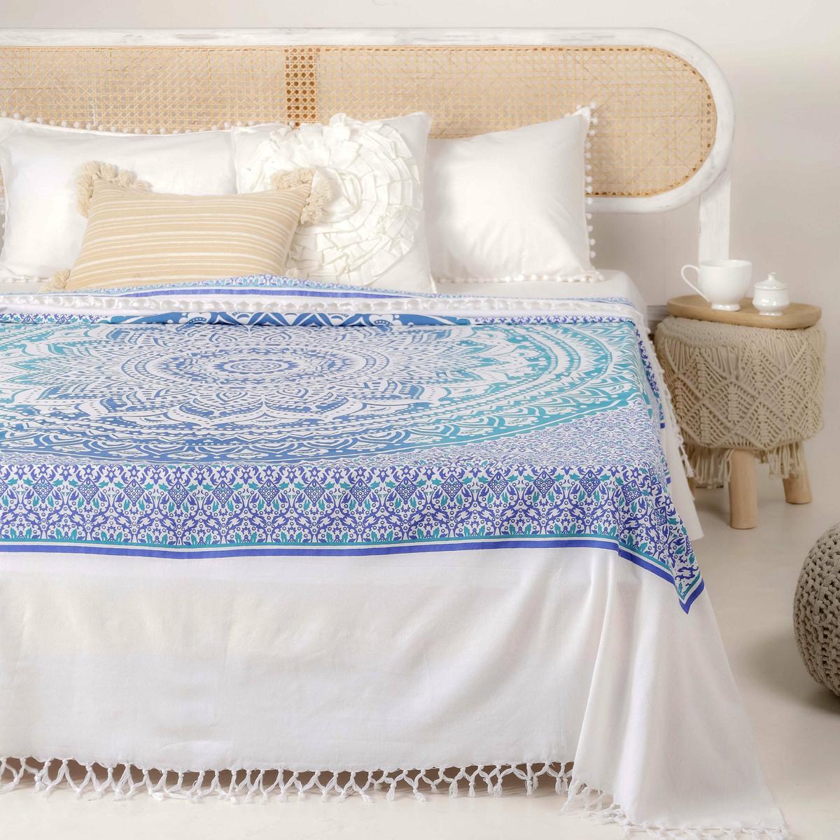 Tagesdecke Bettüberwurf 2x2m Mandala blau weiß 100% Baumwolle, indisches Muster orient Design