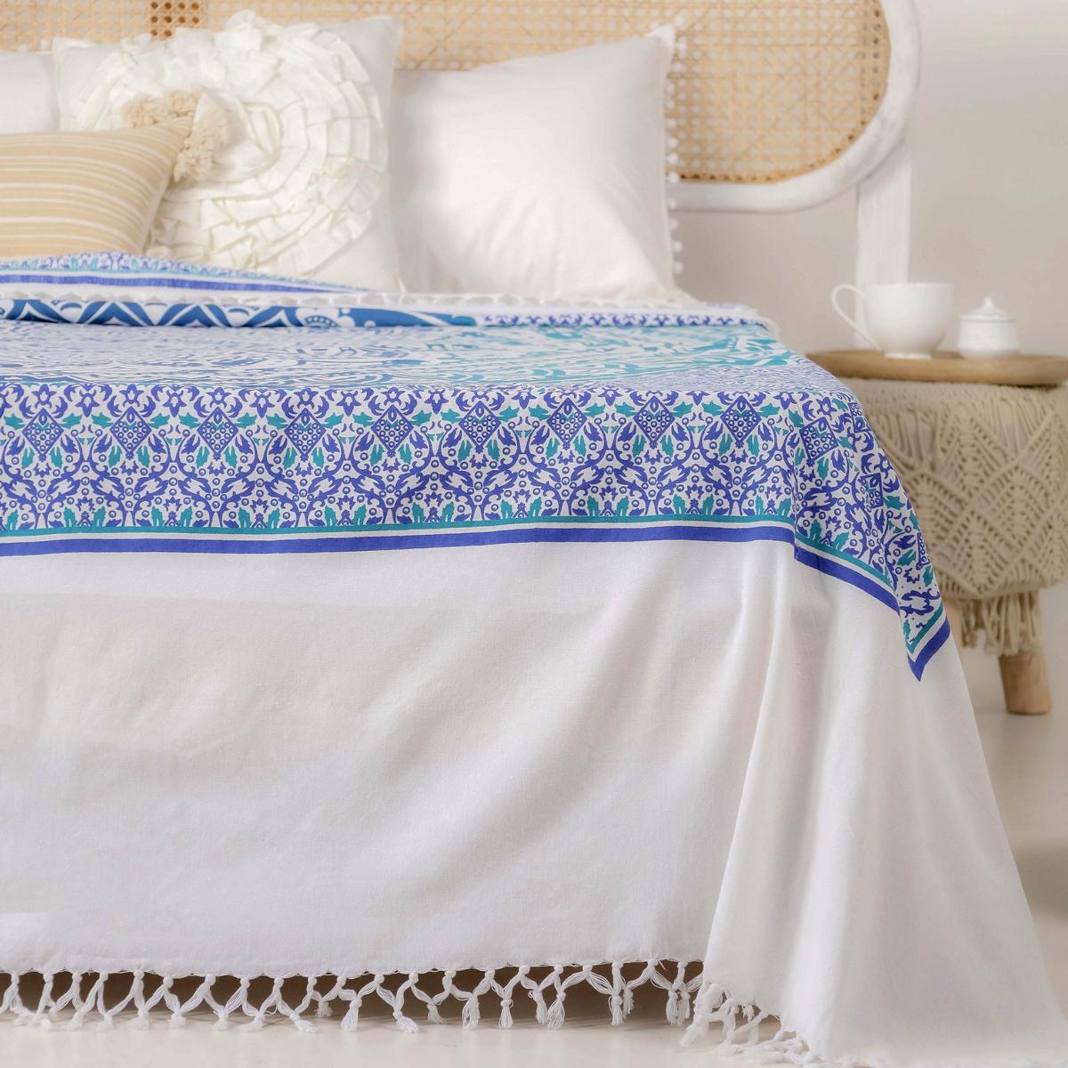 Tagesdecke Bettüberwurf 2x2m Mandala blau weiß 100% Baumwolle, indisches Muster orient Design