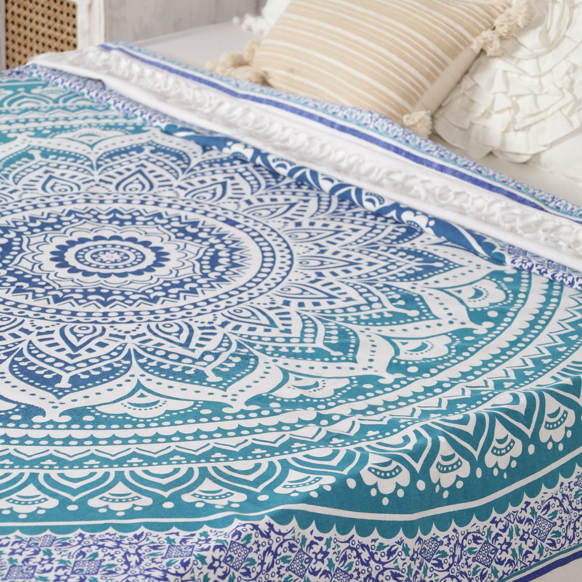 Tagesdecke Bettüberwurf 2x2m Mandala blau weiß 100% Baumwolle, indisches Muster orient Design