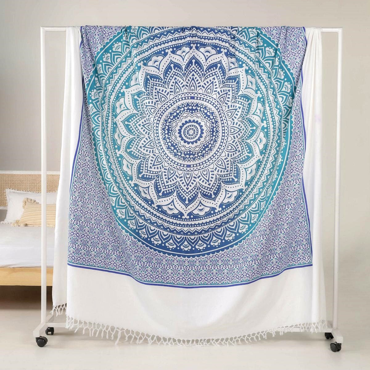 Tagesdecke Bettüberwurf 2x2m Mandala blau weiß 100% Baumwolle, indisches Muster orient Design