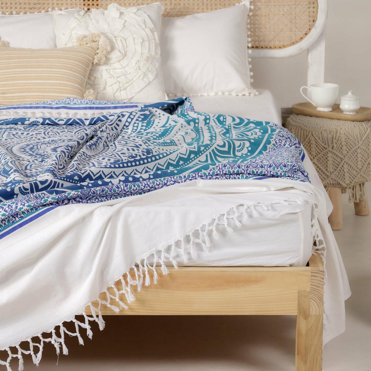 Tagesdecke Bettüberwurf 2x2m Mandala blau weiß 100% Baumwolle, indisches Muster orient Design