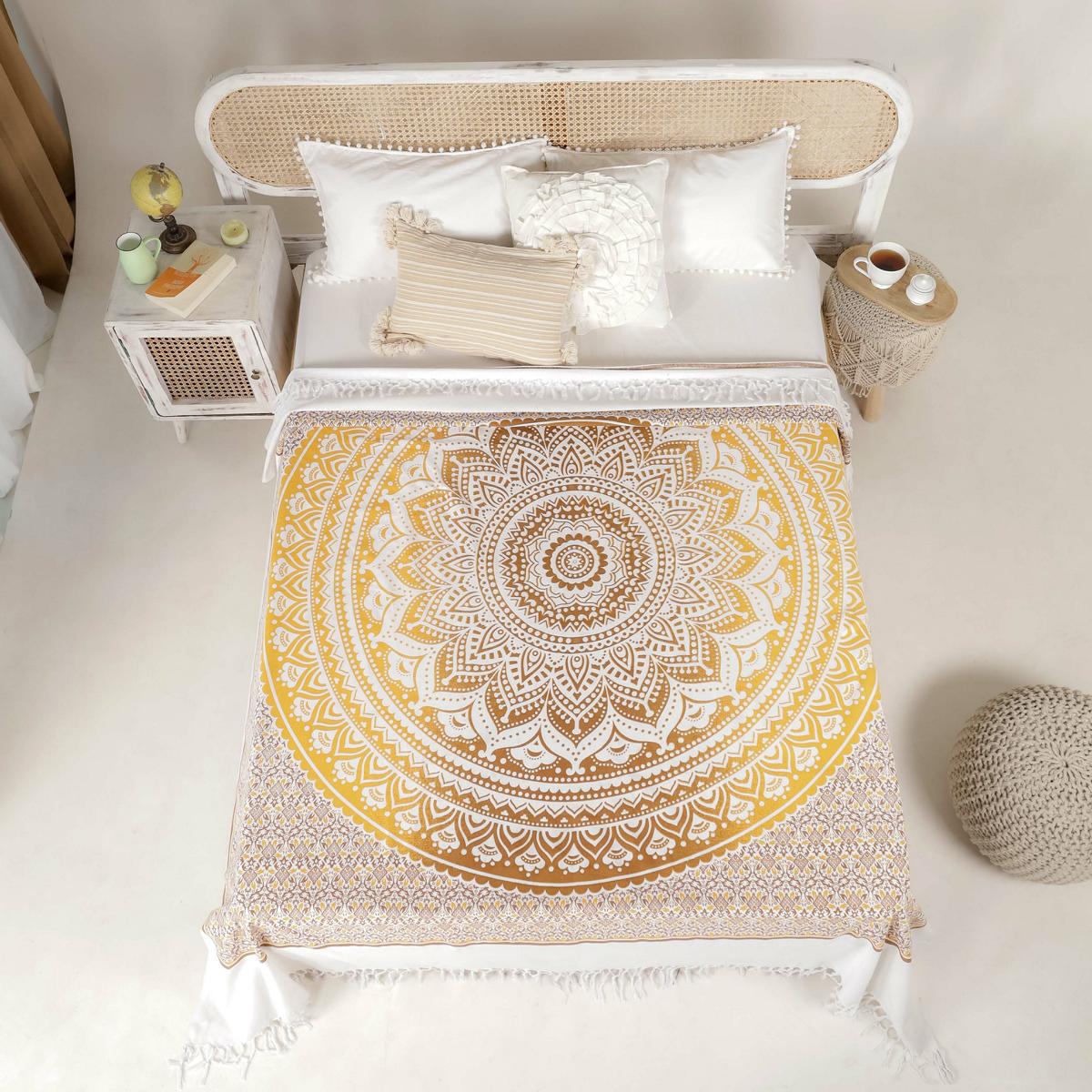 Tagesdecke Bettüberwurf 2x2m Mandala ocker braun 100% Baumwolle, indisches Muster orientalischer Design