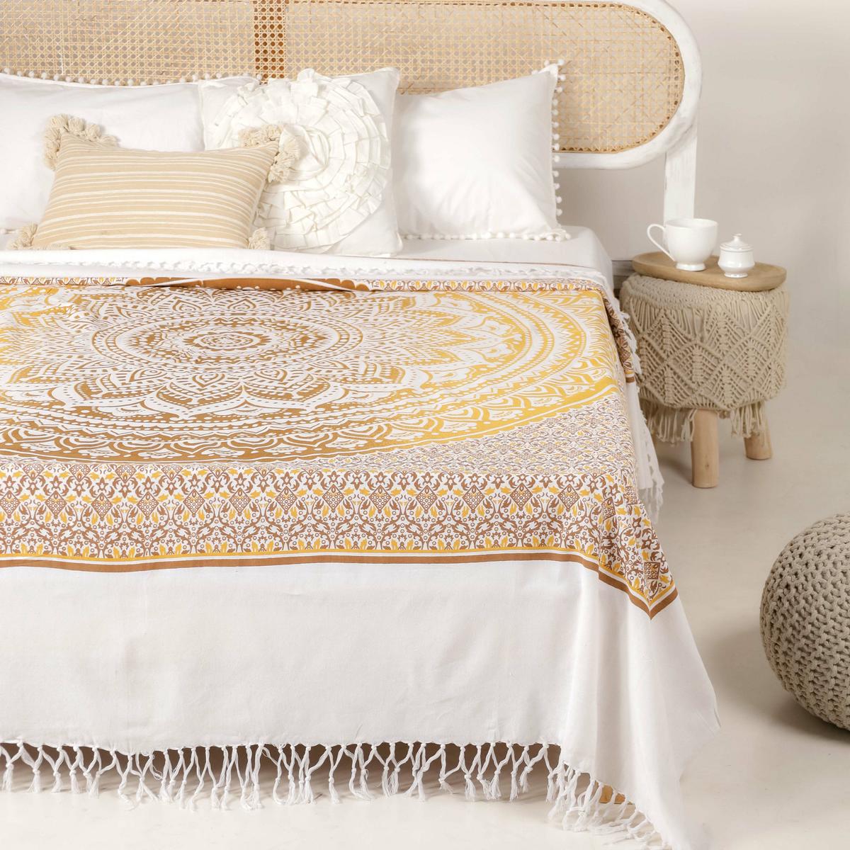Tagesdecke Bettüberwurf 2x2m Mandala ocker braun 100% Baumwolle, indisches Muster orientalischer Design